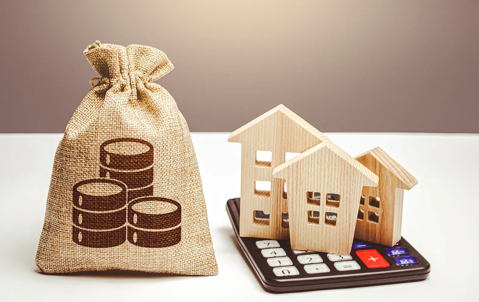 Houses On A Calculator And Coin Money Bag. Realty Or Rental Busi
