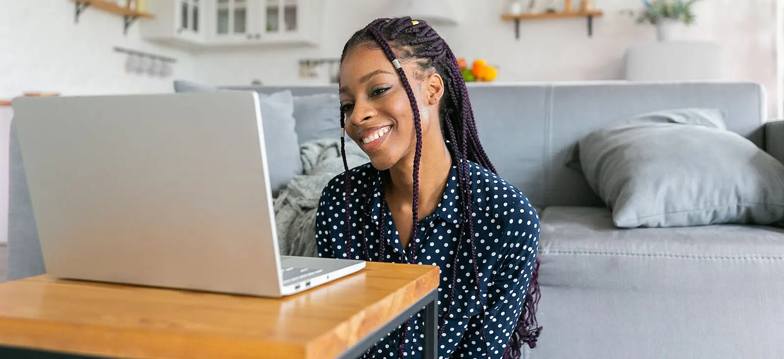 Beautiful Young Black Woman Has A Zoom Call Or Works In From Lap